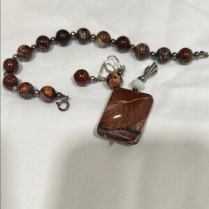 Red Jasper Beaded Bracelet with Pendant and Earrings set in Sterling Silver.